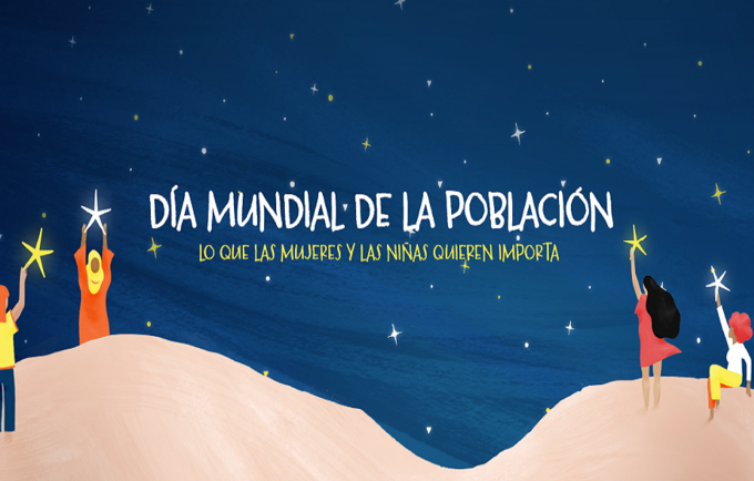 Día Mundial de la Población. Ilustración de cuatro mujeres en una colina y sosteniendo estrellas