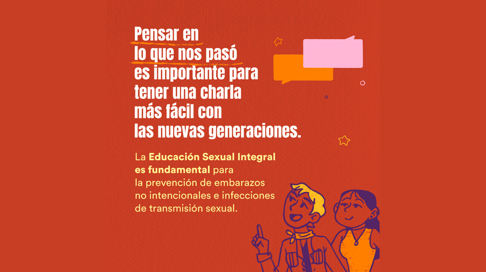 Pensar en lo que nos pasó es importante para tener una charla más fácil con las nuevas generaciones. La ESI es fundamental para la prevención de embarazos no intencionales e infecciones de transmisión sexual. Ilustración de dos personas hablando.