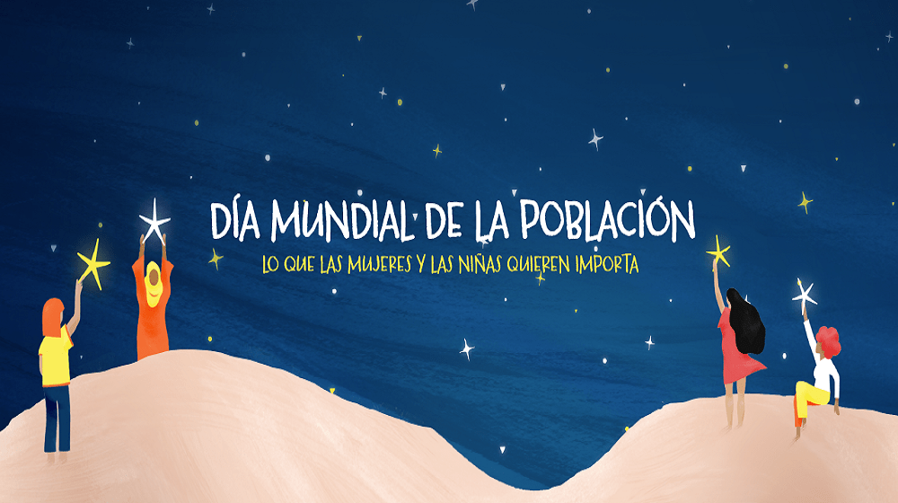 Día Mundial de la Población. Ilustración de cuatro mujeres en una colina y sosteniendo estrellas