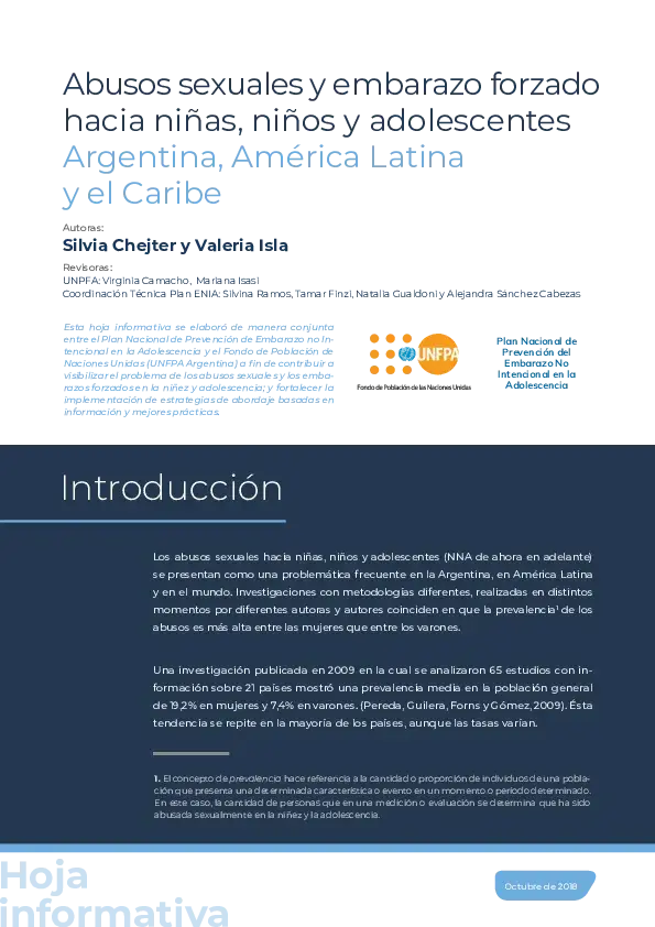 Abusos sexuales y embarazo forzado hacia niñas, niños y adolescentes Argentina, América Latina y el Caribe - Hoja informativa